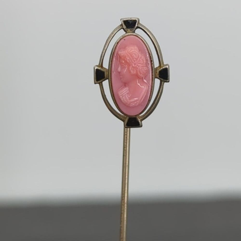 Vintage Gold Tone Pink Cameo Lapel Pin 2.5 Inch Classic Victorian Revival